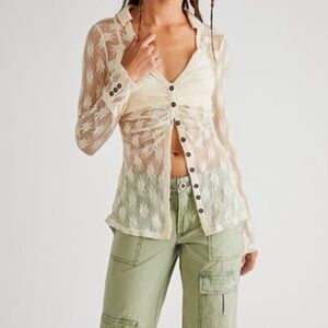 Free People Flower Fields Sheer Mesh Button-Front Shirt Cream Size XS